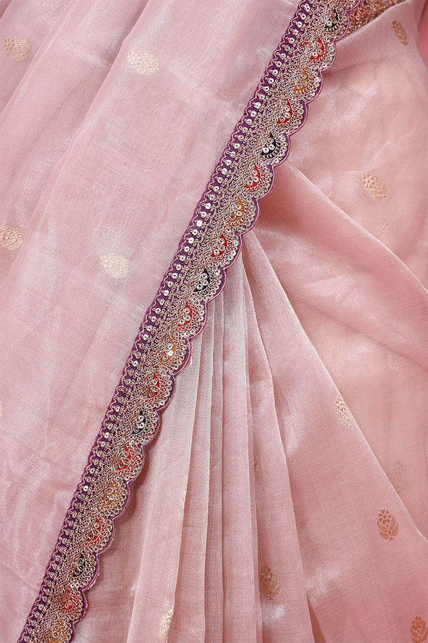 Baby Pink Handloom Banarasi Tissue Silk Saree with Scalloped Lace Border