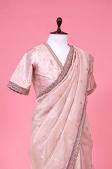 Baby Pink Handloom Banarasi Tissue Silk Saree with Scalloped Lace Border