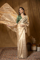 Beige Pure Tissue Saree with Pearl Embellished Border