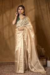 Beige Pure Tissue Saree with Pearl Embellished Border