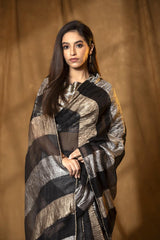 Black Crushed Tissue Silk Saree with Gold and Silver Stripes