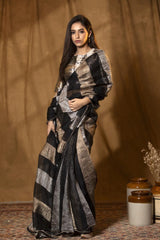 Pure Crushed Tissue Silk Saree with Black and Silver Stripes