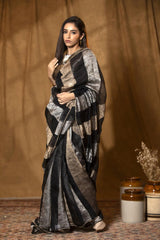 Pure Crushed Tissue Silk Saree with Black and Silver Stripes