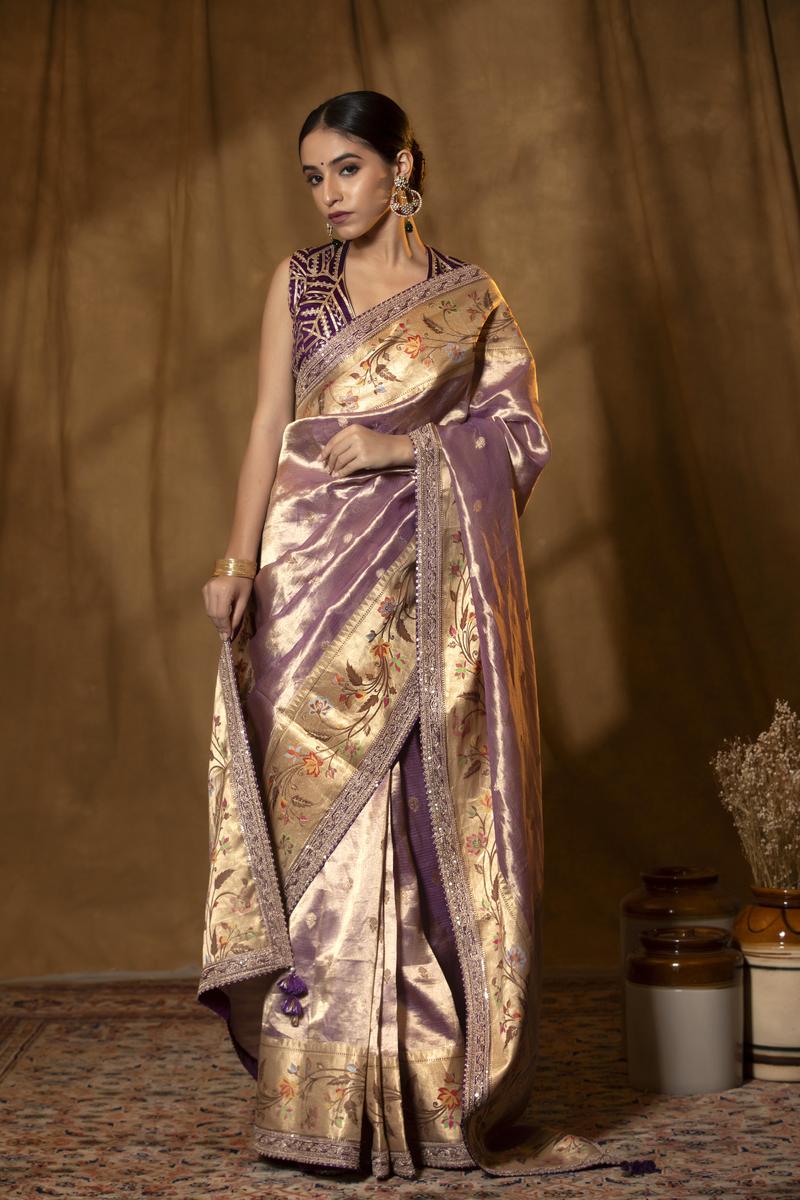 Lilac Pure Tissue Saree with Hand Embroidery Work