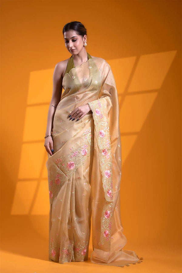 Beige saree, Tissue silk saree, Bollywood sari, wedding saree, party wear saree