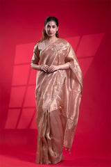 Shimmery Peach Banarasi Tissue Saree with Pichwai Handwork