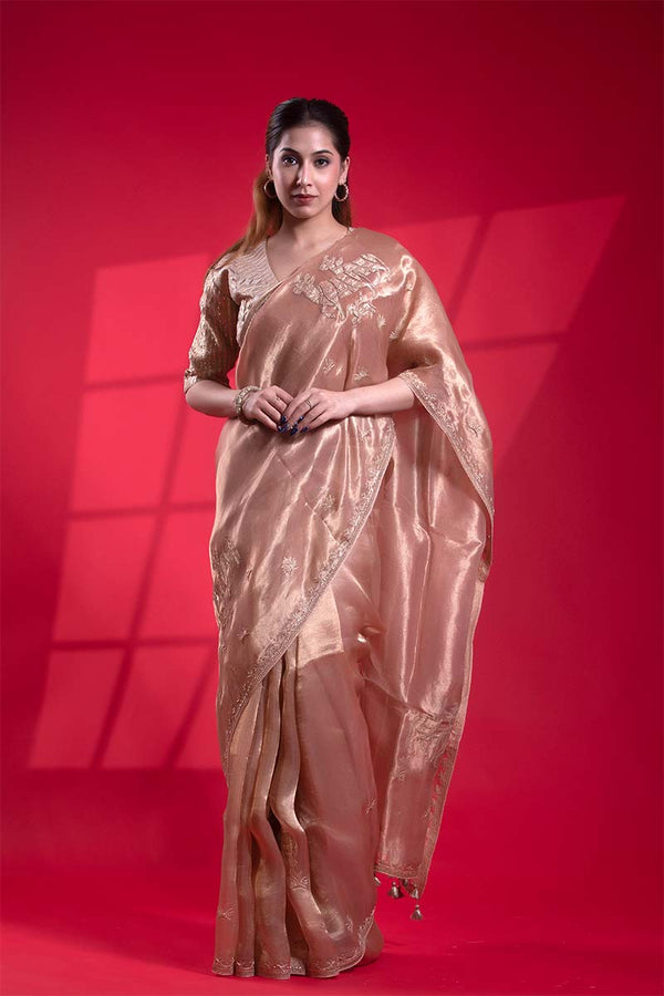  Peach saree, Tissue silk saree, Bollywood sari, wedding saree, party wear saree