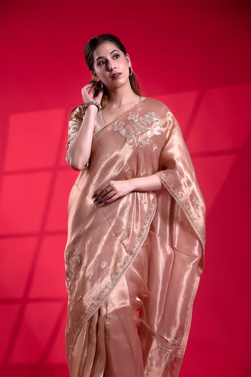 Shimmery Peach Banarasi Tissue Saree with Pichwai Handwork