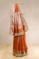 Rust saree, Tissue silk saree, Bollywood sari, wedding saree, party wear saree