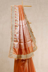 Rust Embellished Party Wear Tissue Silk Saree