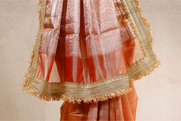 Rust Embellished Party Wear Tissue Silk Saree