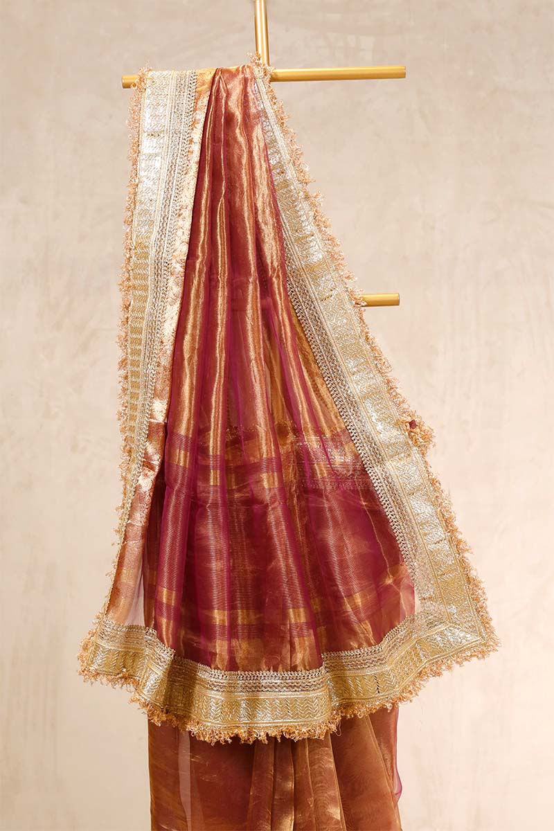 Antique Brown Embellished Party Wear Tissue Silk Saree