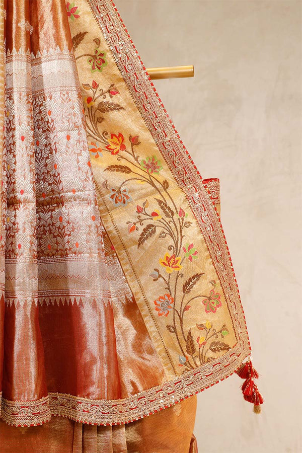 Rust Pure Tissue Saree with Hand Embroidery Work