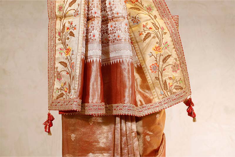 Rust Pure Tissue Saree with Hand Embroidery Work