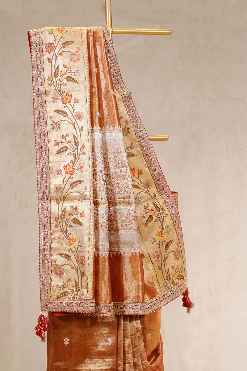 Rust Pure Tissue Saree with Hand Embroidery Work