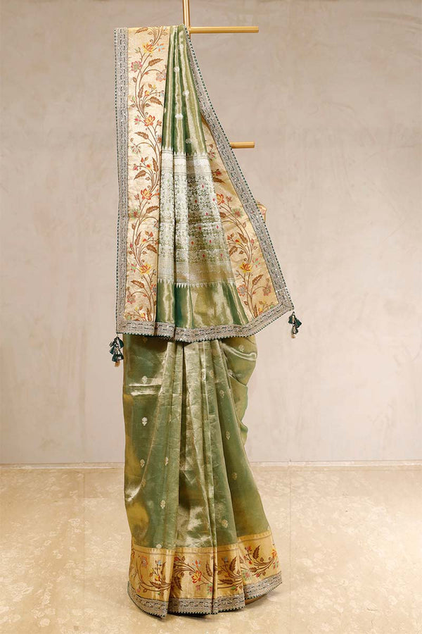 Green saree, Tissue silk saree, Bollywood sari, wedding saree, party wear saree