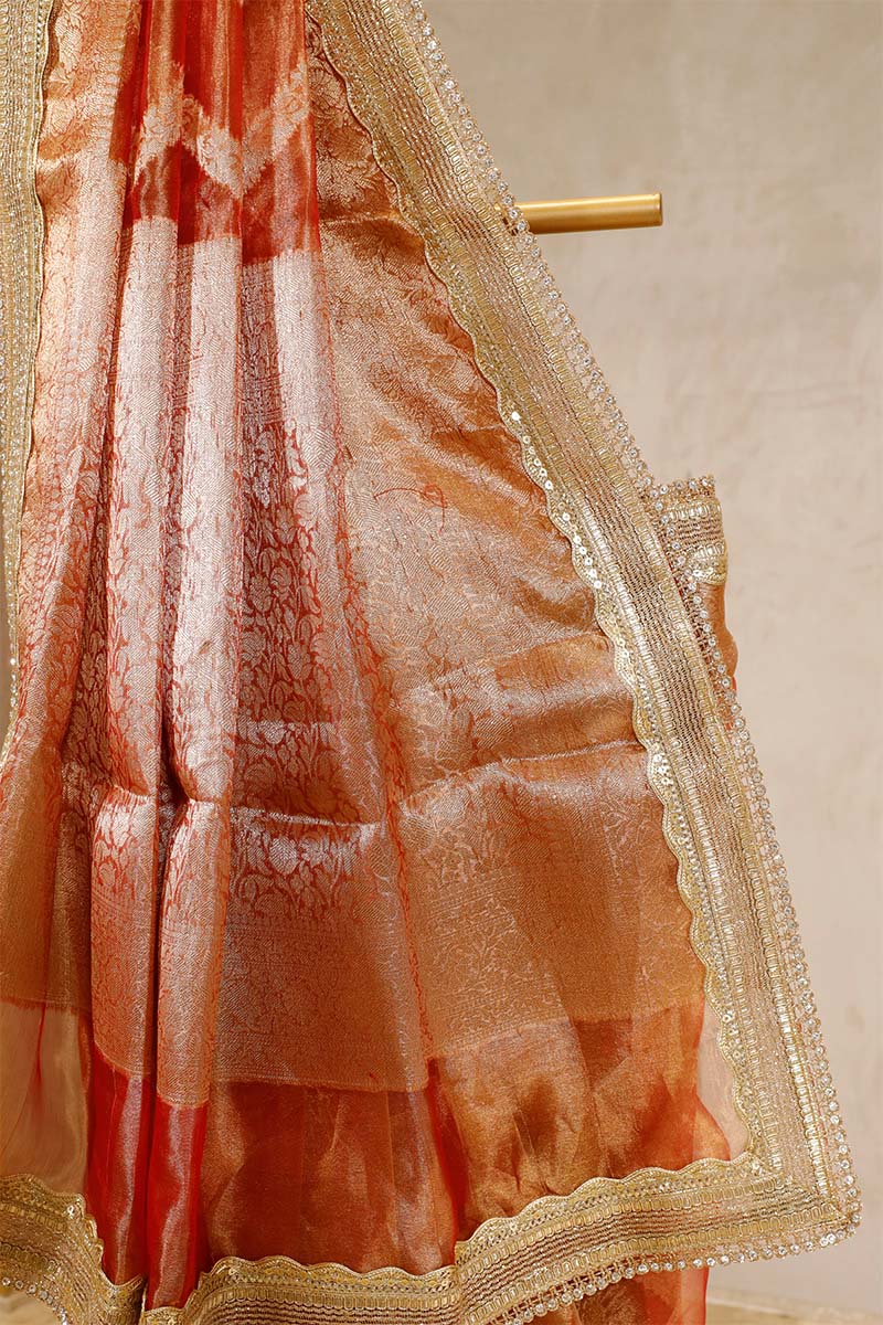 Rust Banarasi Tissue Silk Saree with Water Gold Zari Zig-Zag Stripes