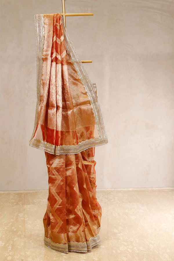 Rust Banarasi Tissue Silk Saree with Water Gold Zari Zig-Zag Stripes