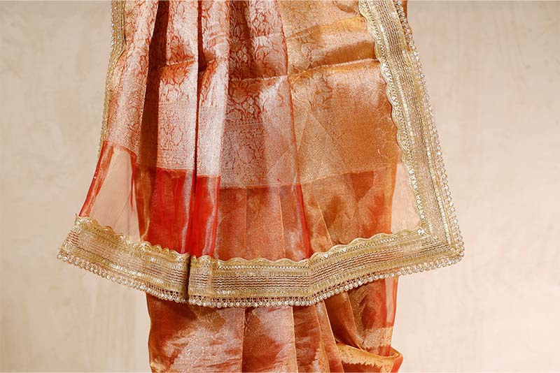 Rust Banarasi Tissue Silk Saree with Water Gold Zari Zig-Zag Stripes