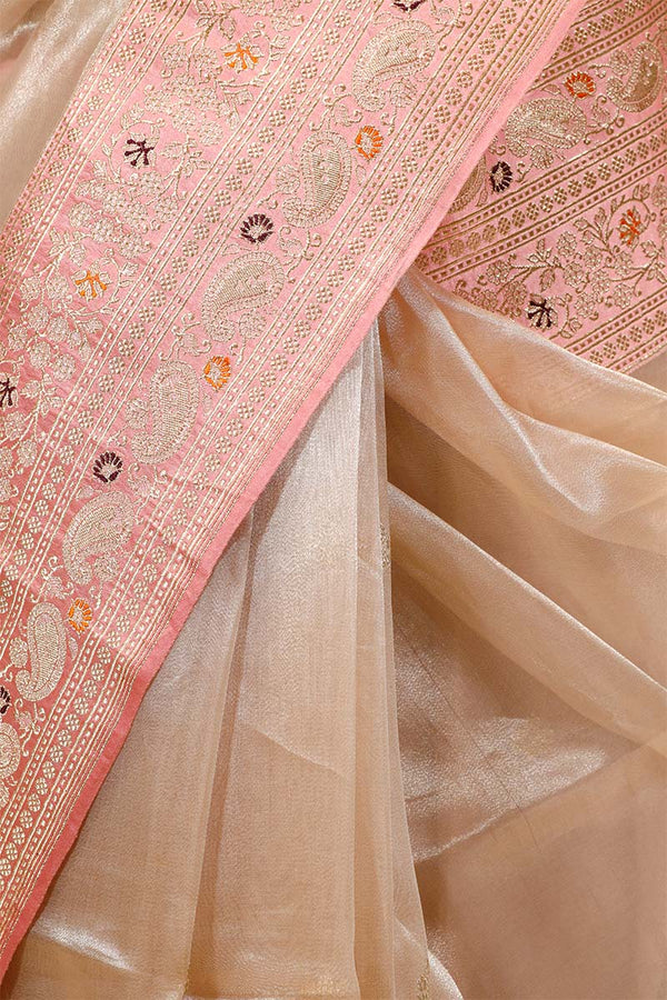 Off White Banarasi Tissue Silk Saree with Floral Border