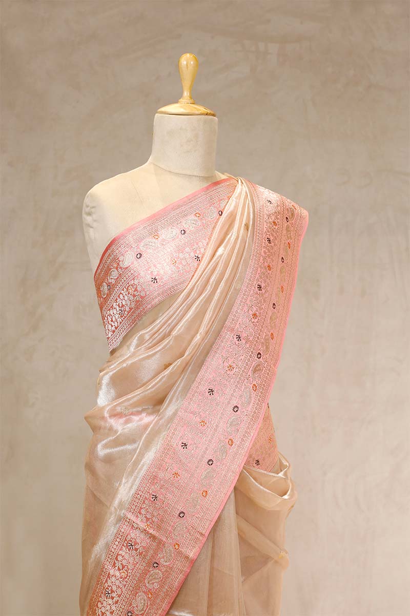 Off White Banarasi Tissue Silk Saree with Floral Border