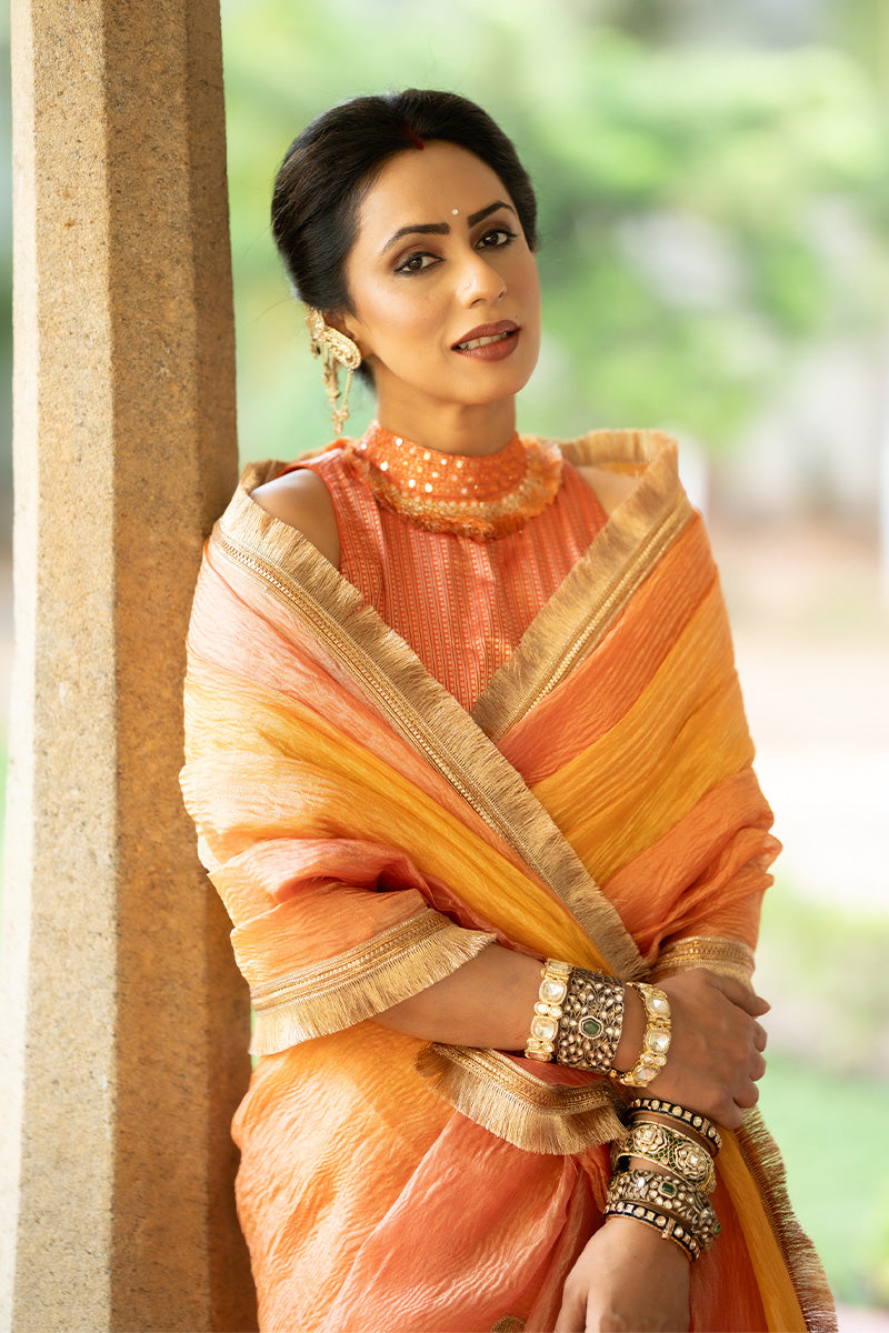 Zircon Orange Tissue Silk Saree with Zardozi Work - Pavitra Sagar