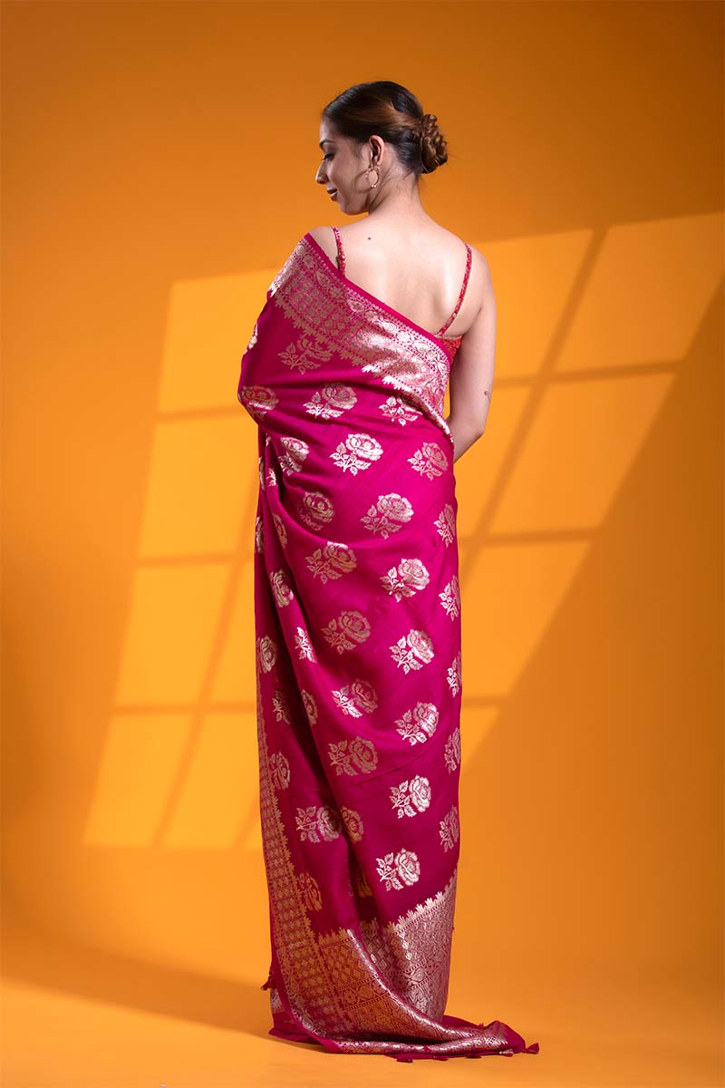 Dark Pink Pure Tussar Silk Khaddi Saree with Floral Motifs