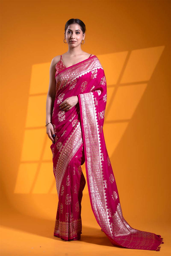 dark pink saree, Tussar silk saree, khaddi saree, Banarasi saree, party wear saree