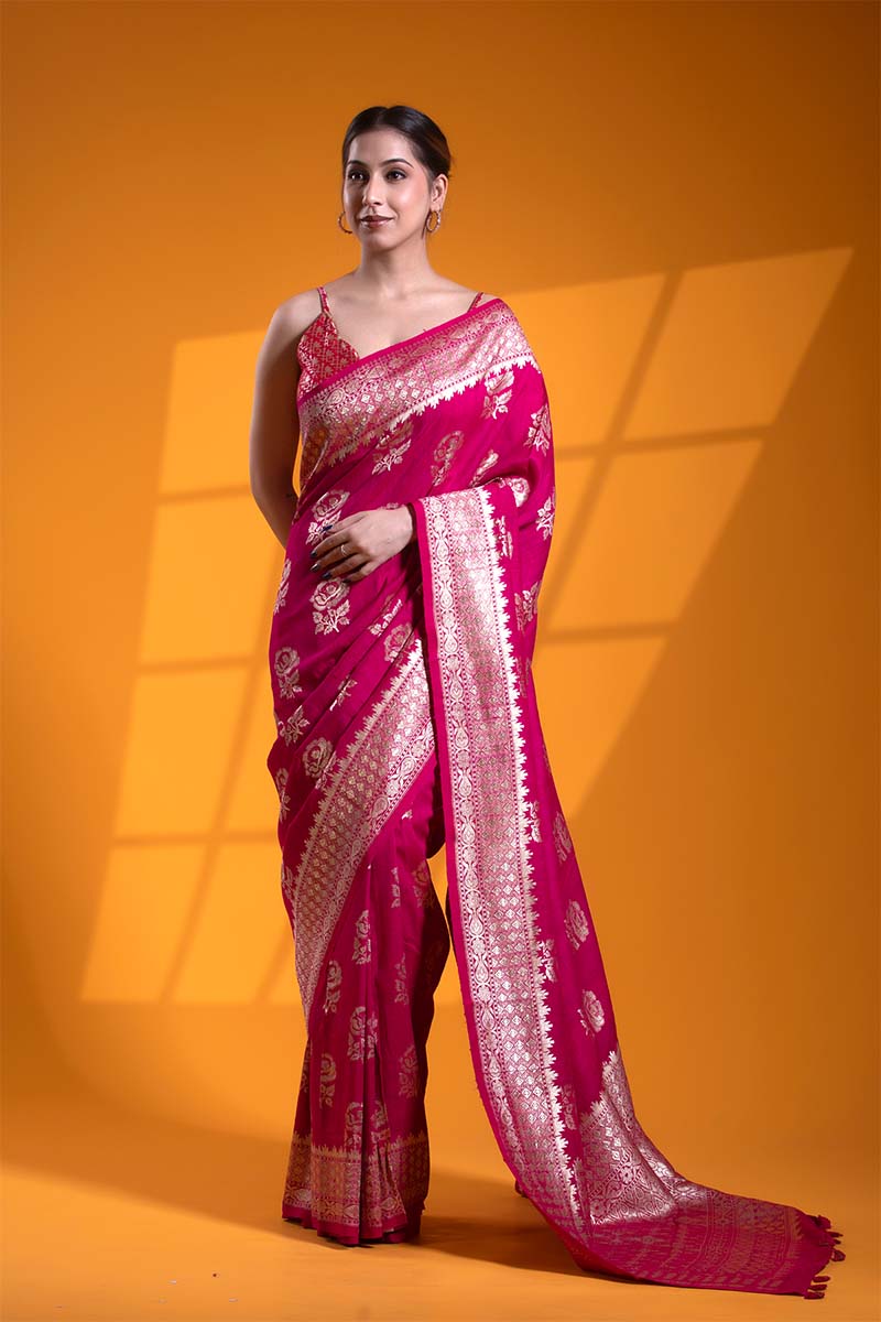 Dark Pink Pure Tussar Silk Khaddi Saree with Floral Motifs