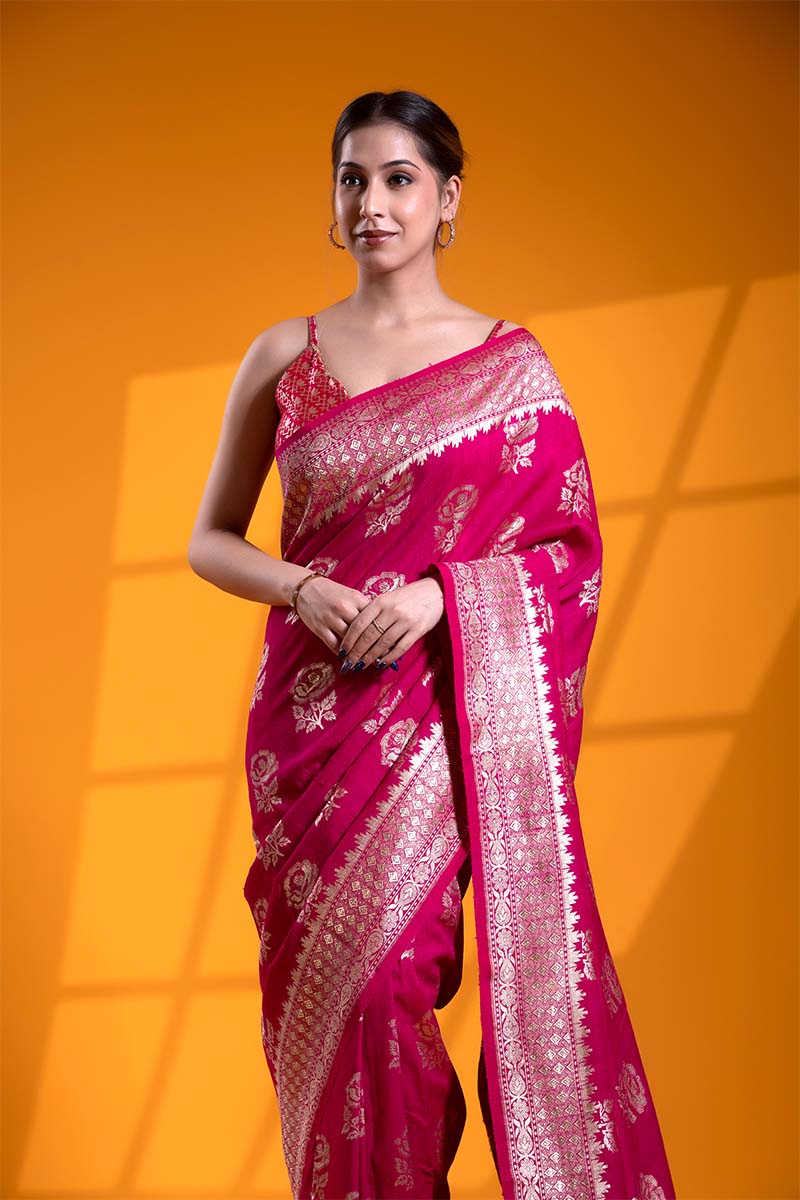 Dark Pink Pure Tussar Silk Khaddi Saree with Floral Motifs