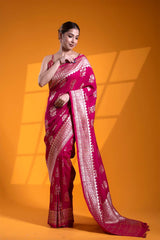 Dark Pink Pure Tussar Silk Khaddi Saree with Floral Motifs