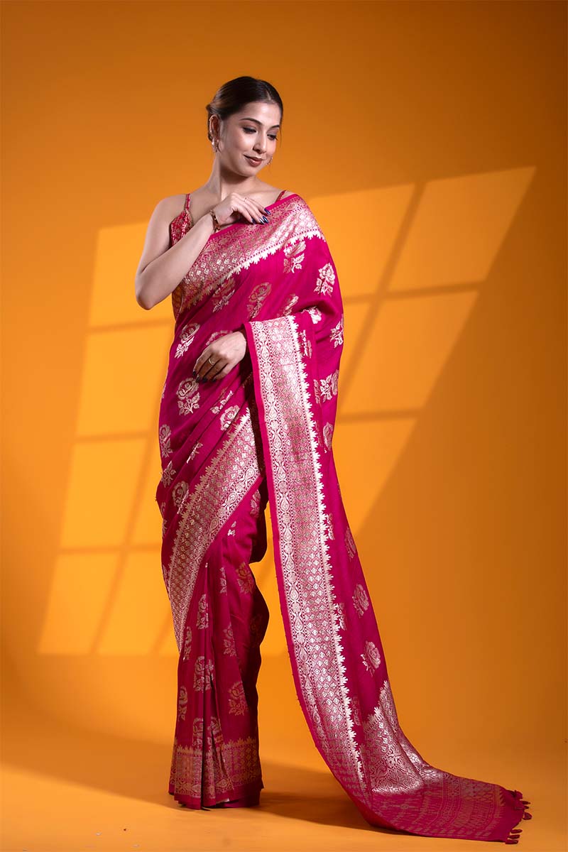 Dark Pink Pure Tussar Silk Khaddi Saree with Floral Motifs