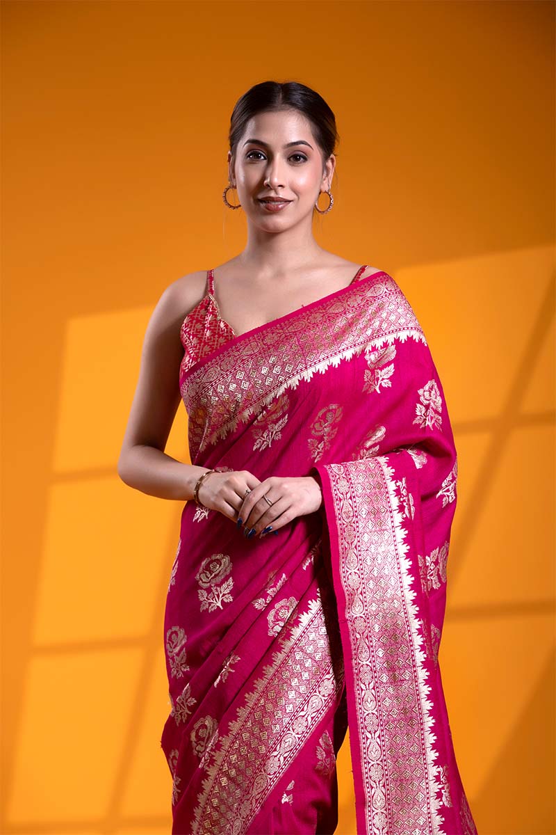 Dark Pink Pure Tussar Silk Khaddi Saree with Floral Motifs