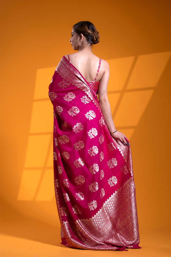 Dark Pink Pure Tussar Silk Khaddi Saree with Floral Motifs