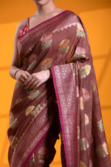 Rust Red Tussar Silk Khaddi Saree with Hand Floral Work