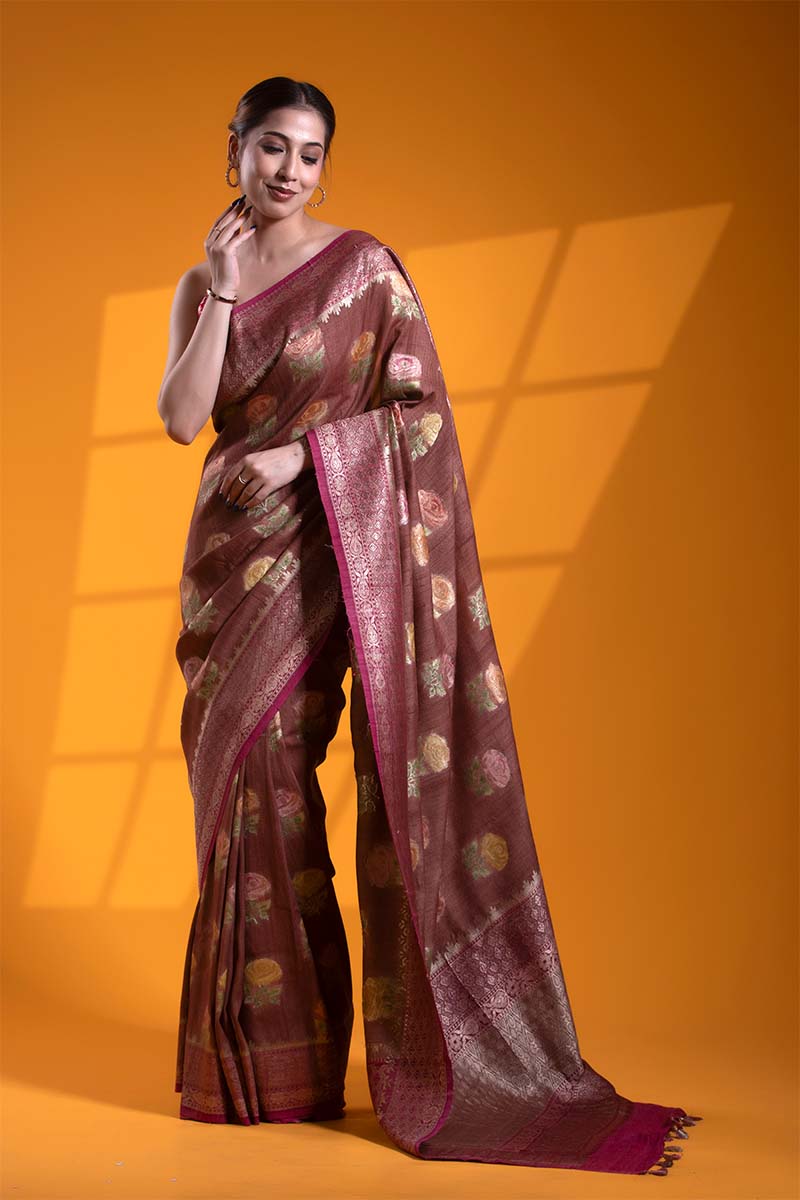 Rust Red Tussar Silk Khaddi Saree with Hand Floral Work