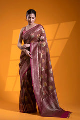 Rust Red Tussar Silk Khaddi Saree with Hand Floral Work