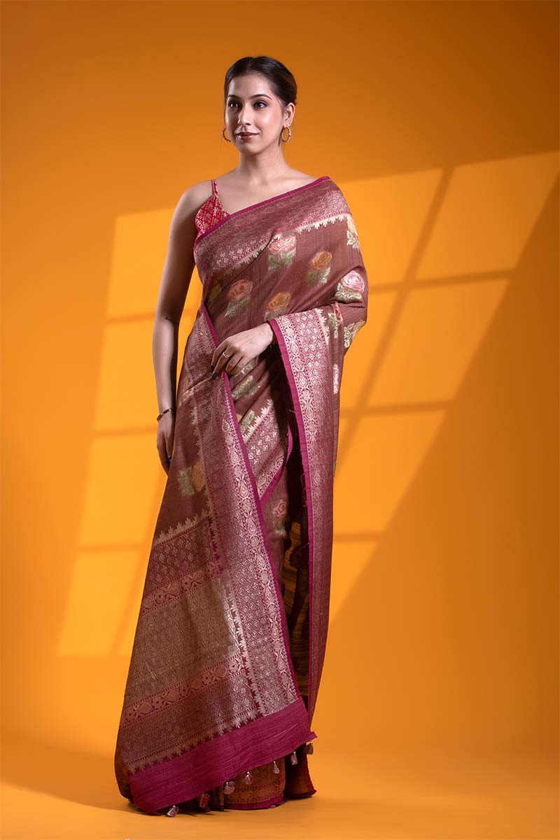 Rust Red Tussar Silk Khaddi Saree with Hand Floral Work