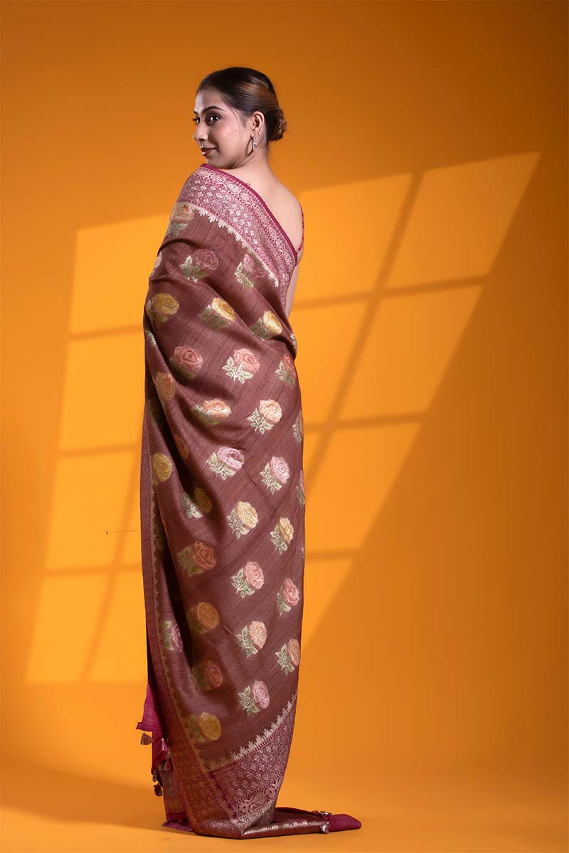 Rust Red Tussar Silk Khaddi Saree with Hand Floral Work