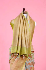 Sage Green Rangkat Tussar Khaddi Banarasi Saree with Gold Zari Floral Work