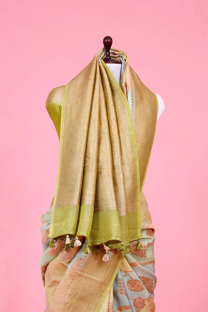 Sage Green Rangkat Tussar Khaddi Banarasi Saree with Gold Zari Floral Work