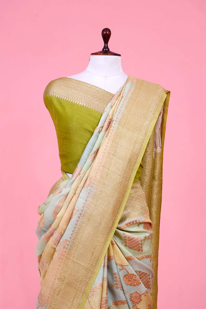 Sage Green Rangkat Tussar Khaddi Banarasi Saree with Gold Zari Floral Work