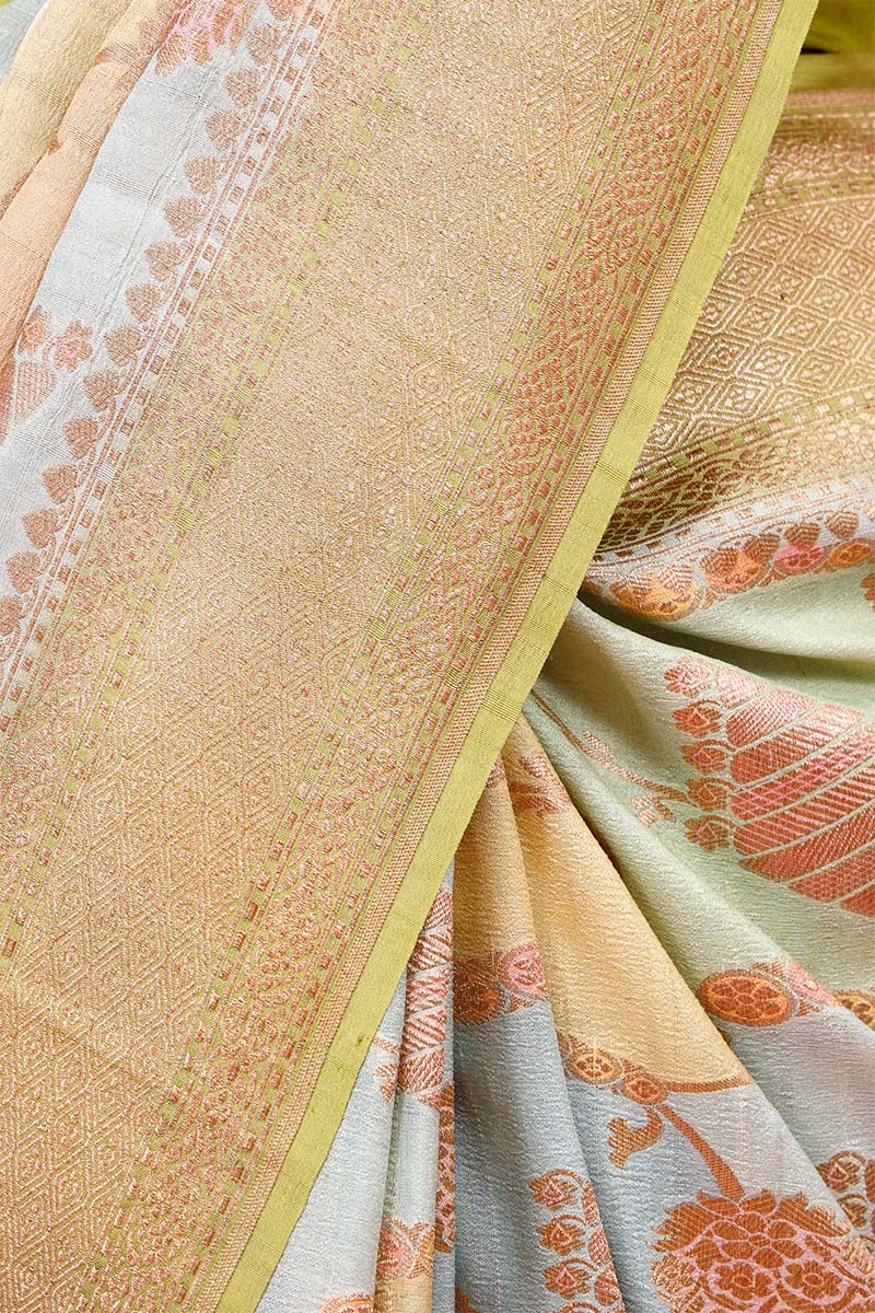 Sage Green Rangkat Tussar Khaddi Banarasi Saree with Gold Zari Floral Work