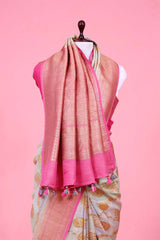 Pink Rangkat Tussar Khaddi Banarasi Saree with Gold Zari Floral Work