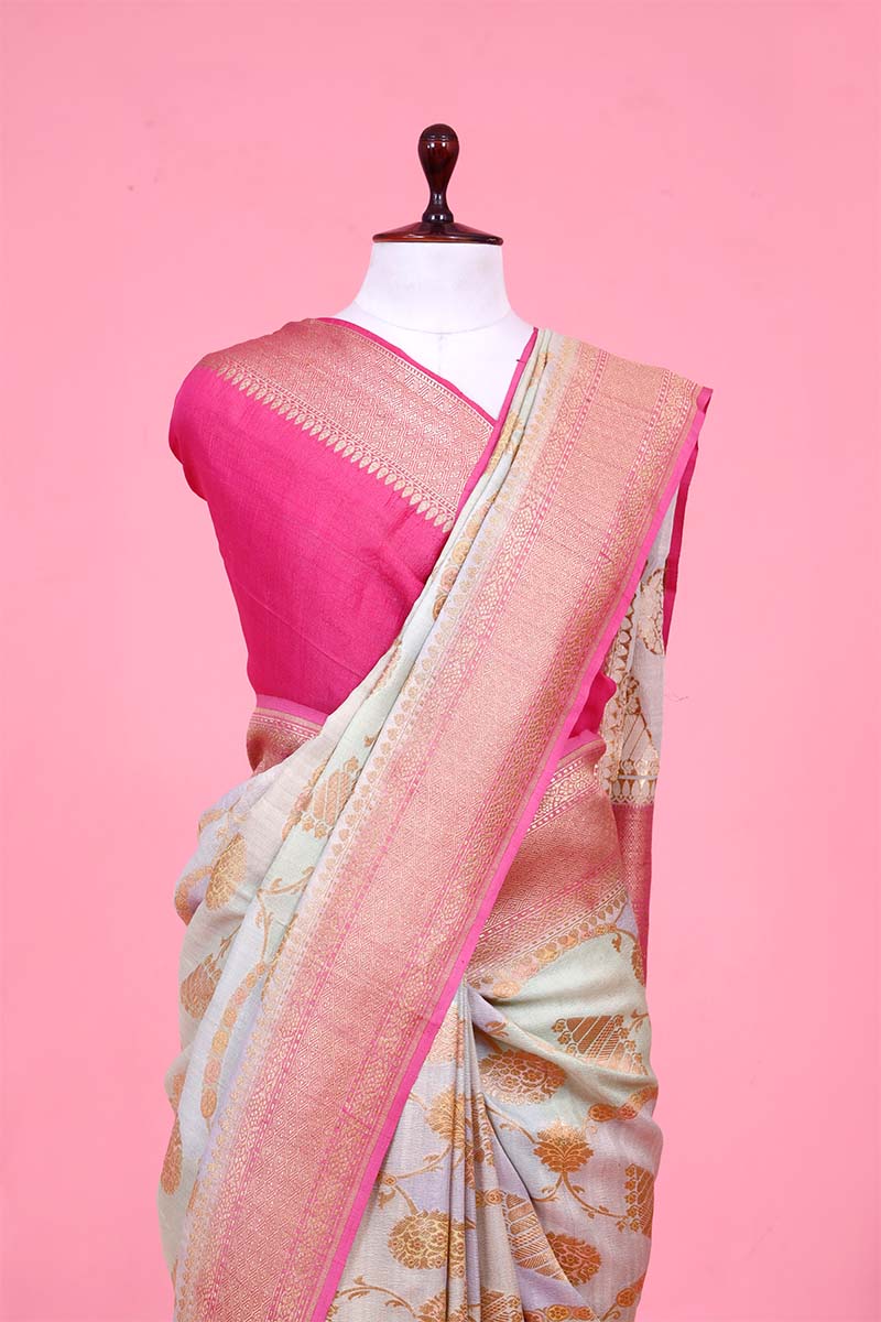 Pink Rangkat Tussar Khaddi Banarasi Saree with Gold Zari Floral Work