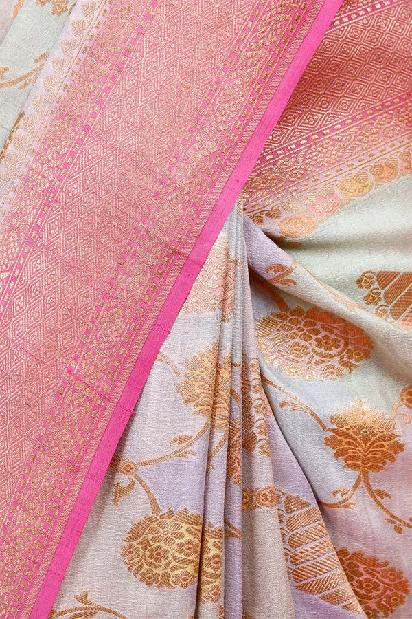 Pink Rangkat Tussar Khaddi Banarasi Saree with Gold Zari Floral Work