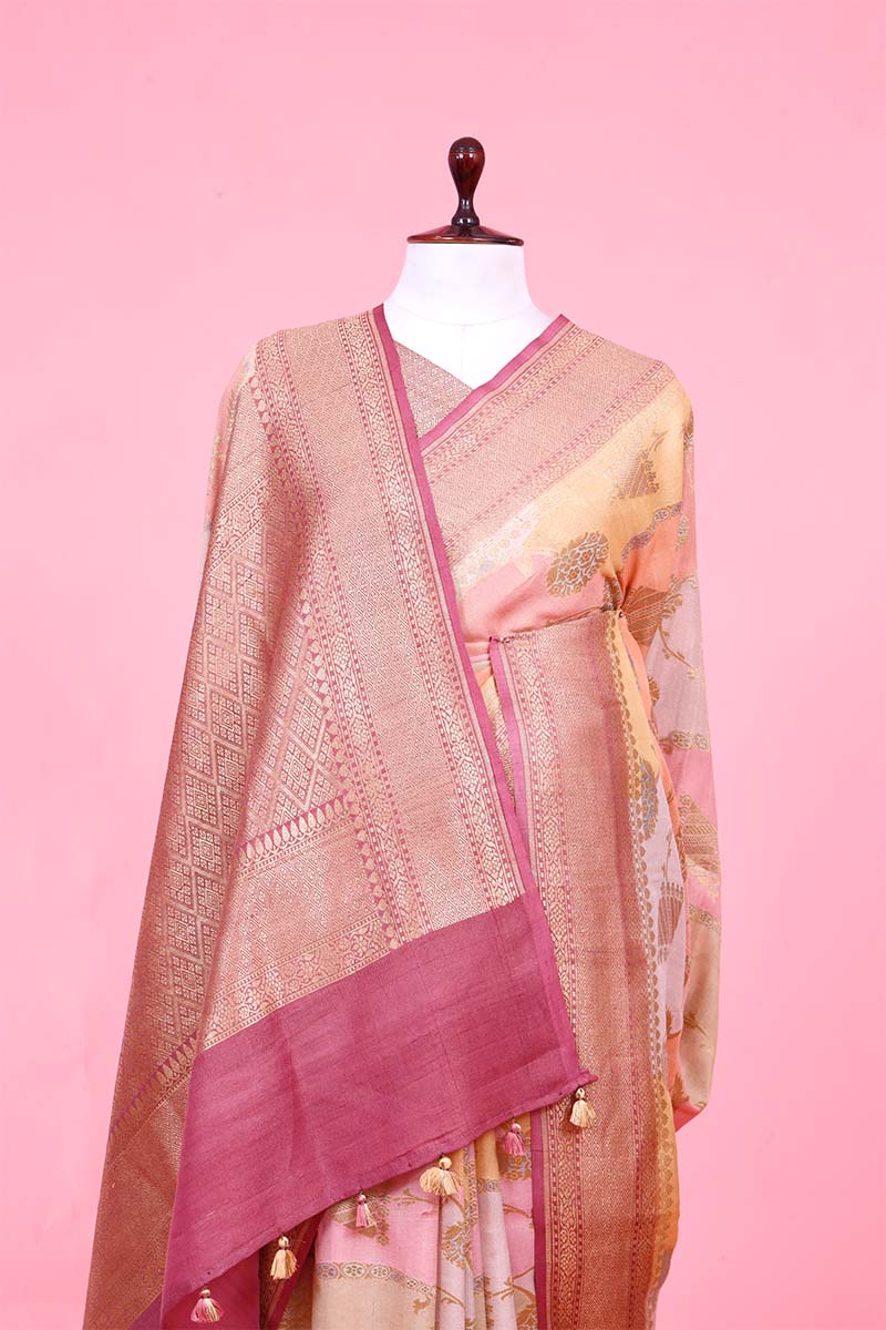 Raspberry Pink Rangkat Tussar Khaddi Banarasi Saree with Gold Zari Floral Work