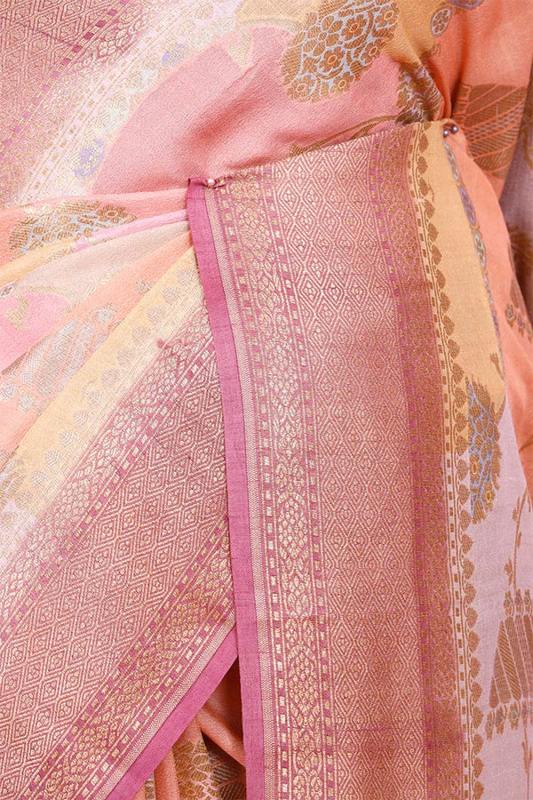 Raspberry Pink Rangkat Tussar Khaddi Banarasi Saree with Gold Zari Floral Work