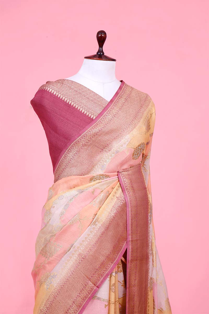 Raspberry Pink Rangkat Tussar Khaddi Banarasi Saree with Gold Zari Floral Work