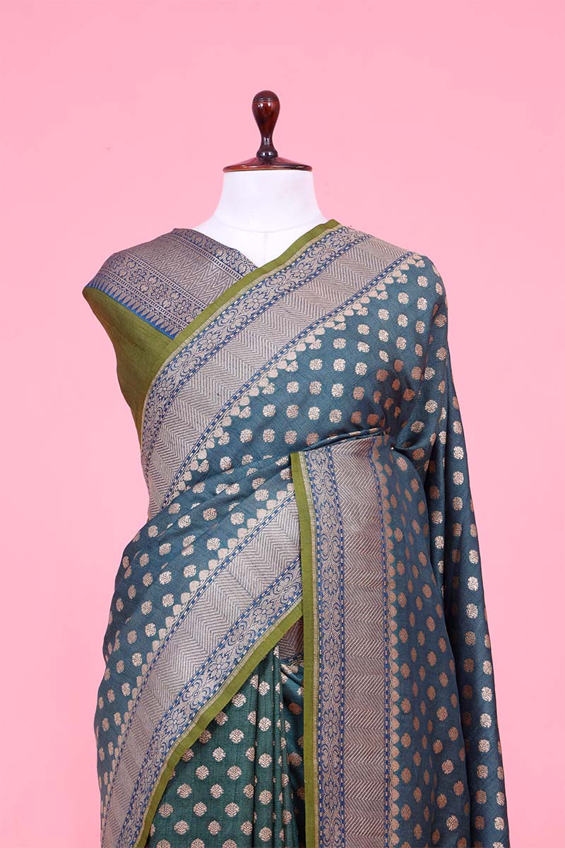 Blue Sage Tussar Khaddi Banarasi Saree with Gold Zari Ethnic Motifs